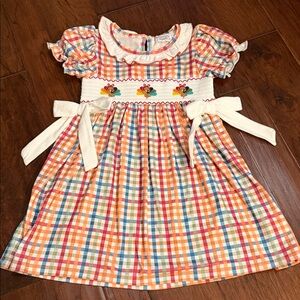Classic Plaid Smocked Kids Dress with Bow Ties - Orange Multi